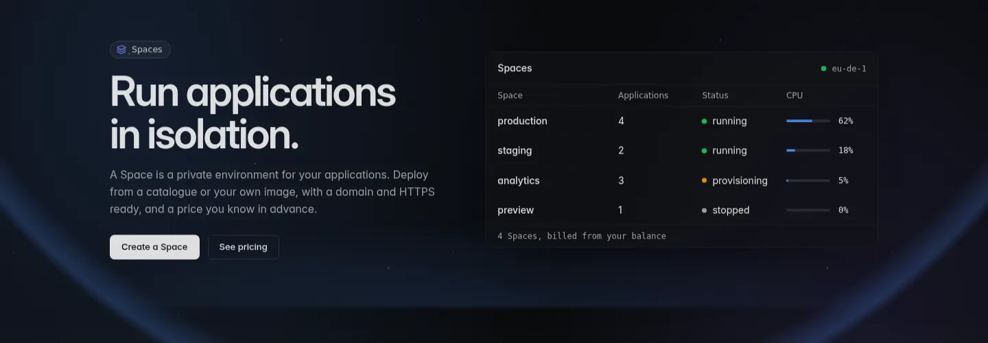 La page Spaces : applications, état et processeur
