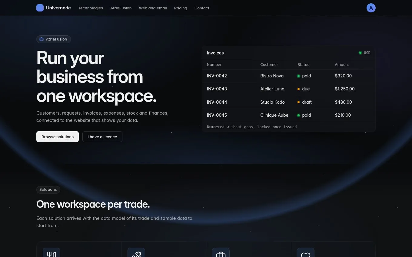 AtriaFusion invoices with numbers, customers, statuses and amounts
