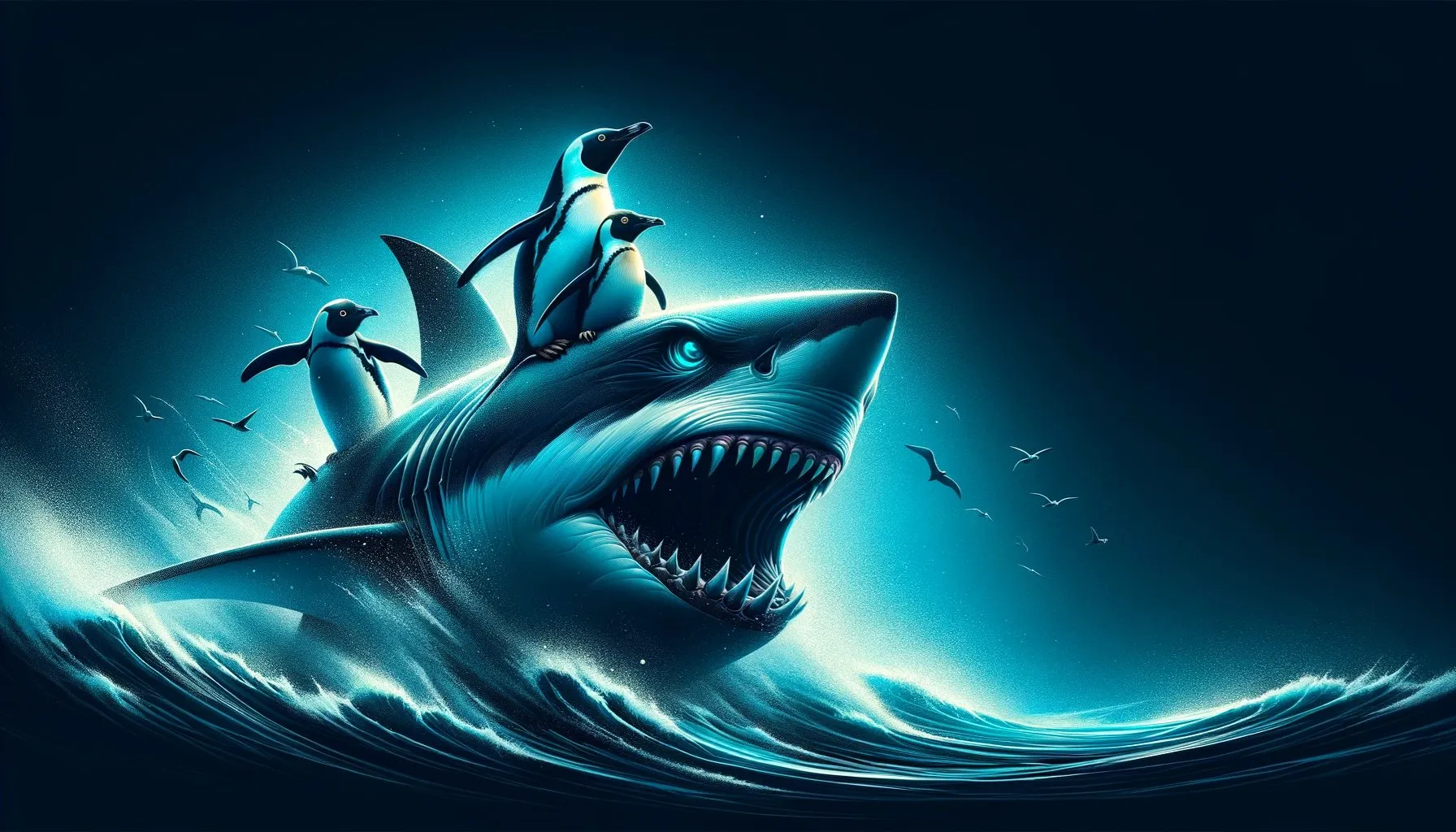 SharkOS artwork: penguins riding a shark in a stormy sea